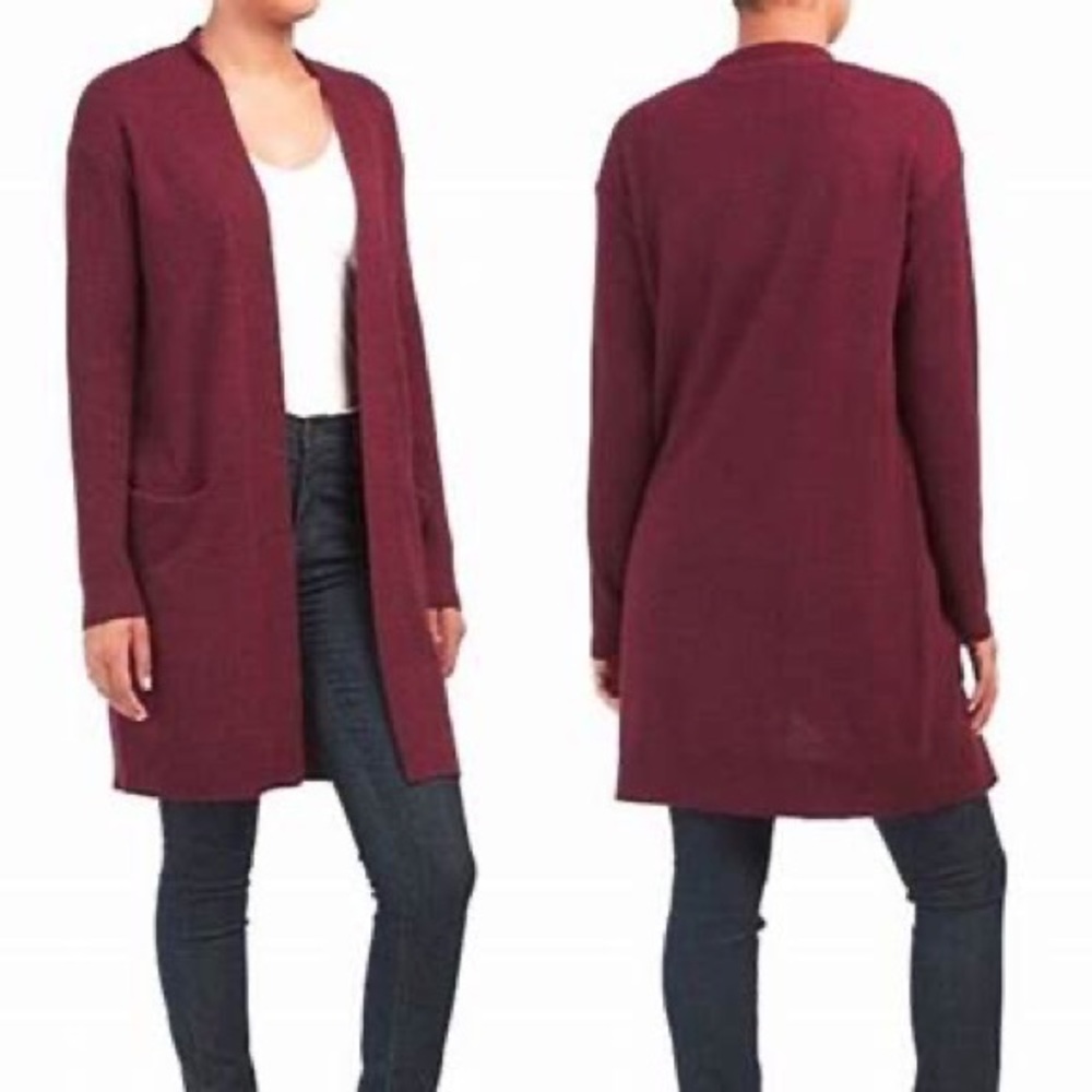 Theory cranberry color cashmere Cardigan with ribbed sleeves.